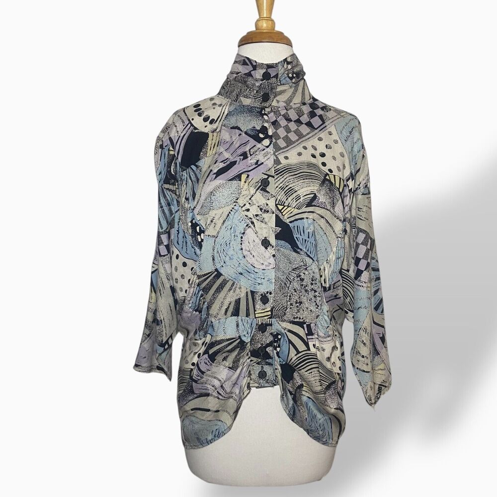 C&A Vintage Button Up Shirt Size M 38 High Neck Dolman Sleeve Abstract Pattern